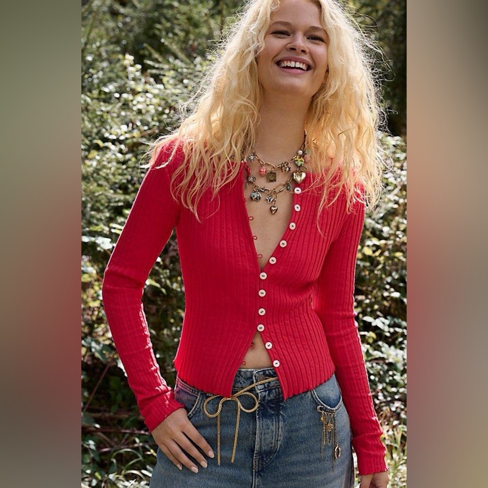 Free People Red Ribbed Button-Front Long Sleeve Top